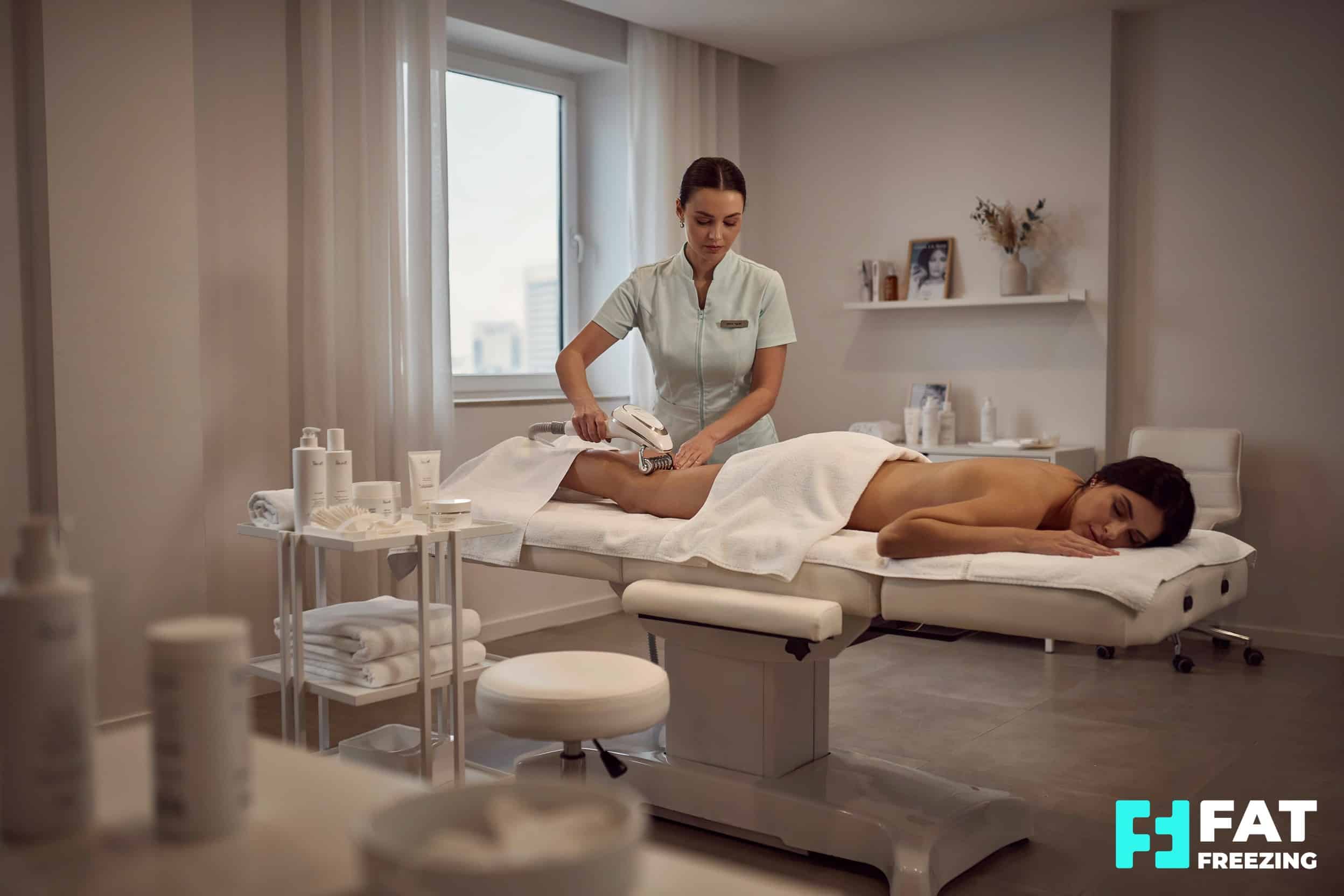 Practitioner performing a vacuum roller cellulite reduction treatment on a client's thigh in a clinic
